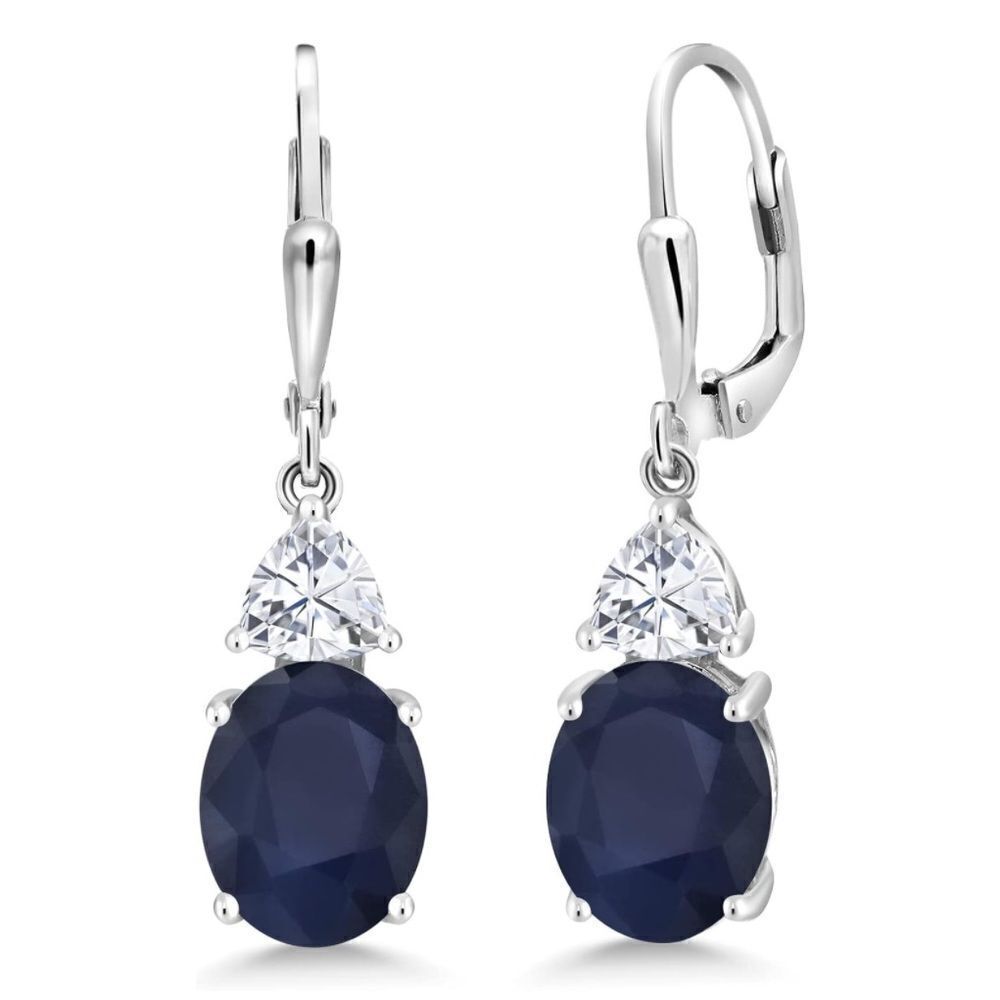 925 Sterling Silver with 6.94 Cttw Blue Sapphire and Moissanite Drop Earrings